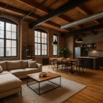 Intérieur d’un loft lumineux avec espace ouvert, grandes fenêtres industrielles et plafond en bois apparent