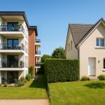 Comparaison visuelle entre un immeuble d'appartements moderne et une maison individuelle avec jardin