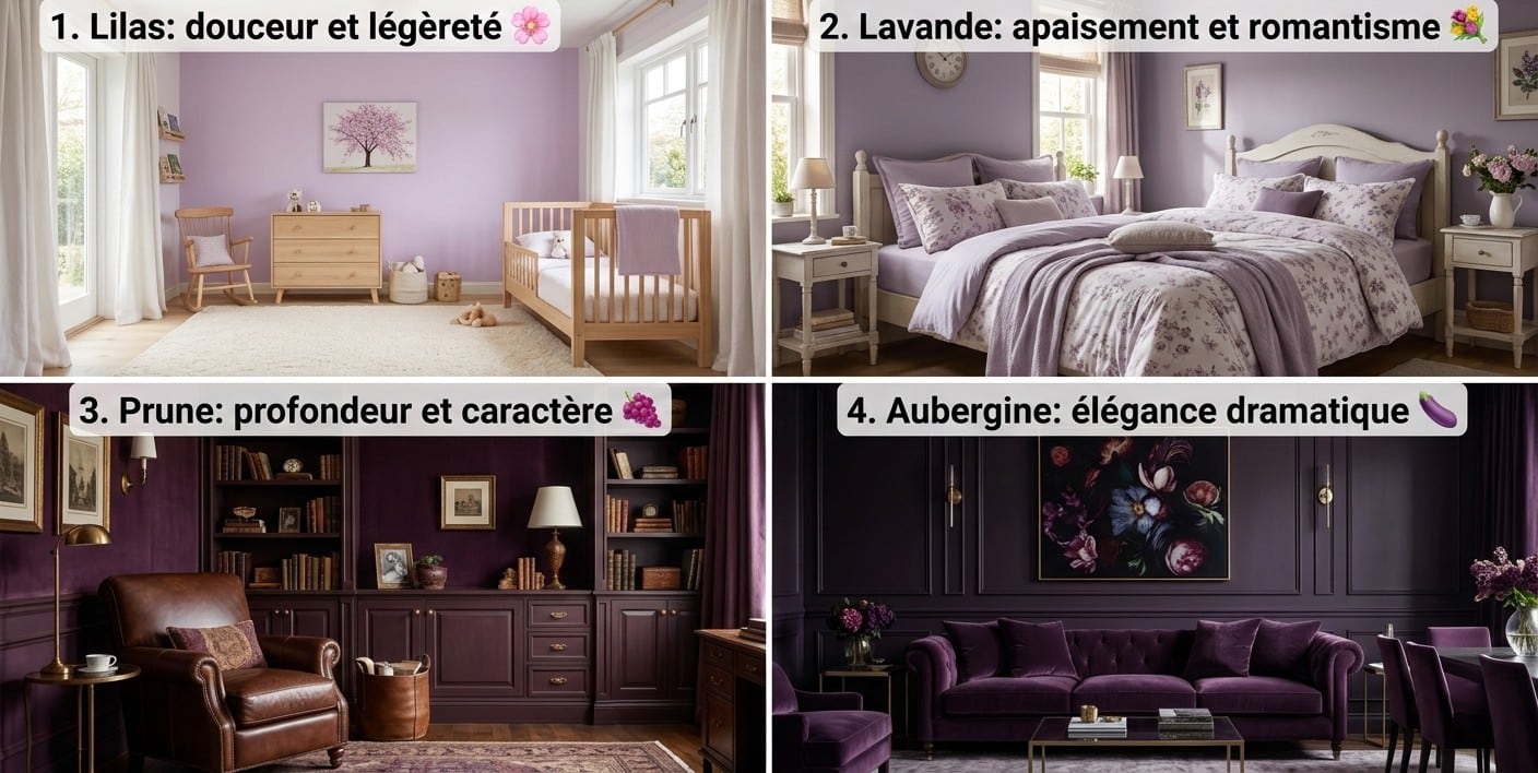 4 nuances de violet en décoration : lilas, lavande, prune, aubergine